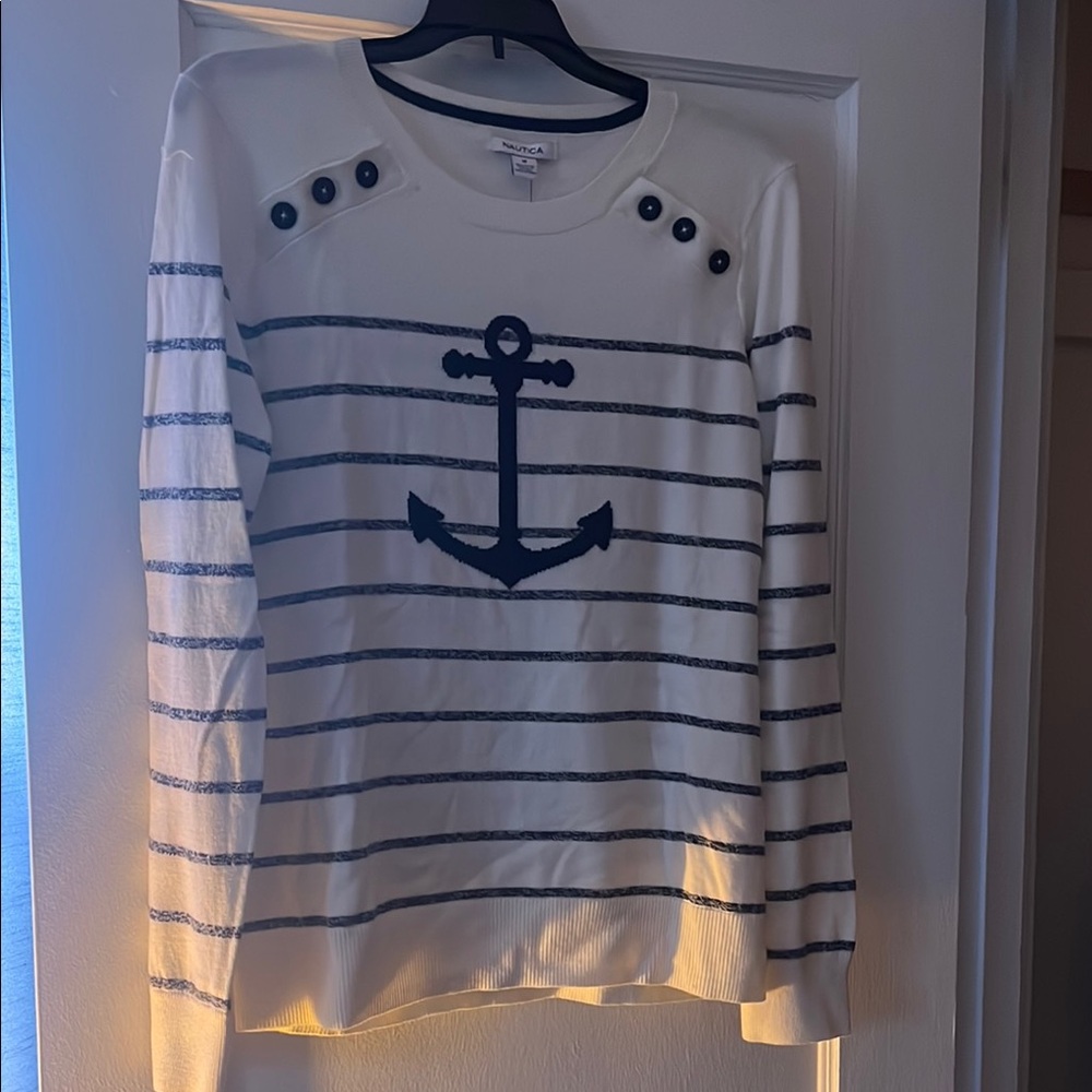 Nautica White and Blue Crew Neck Sweater with Nautical Stripes
